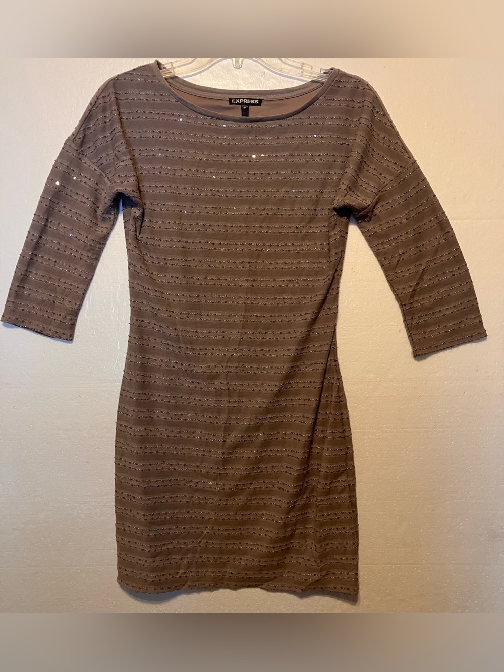 Express Brown S Sequin-Striped Scoop Neck Long Sleeve Dress